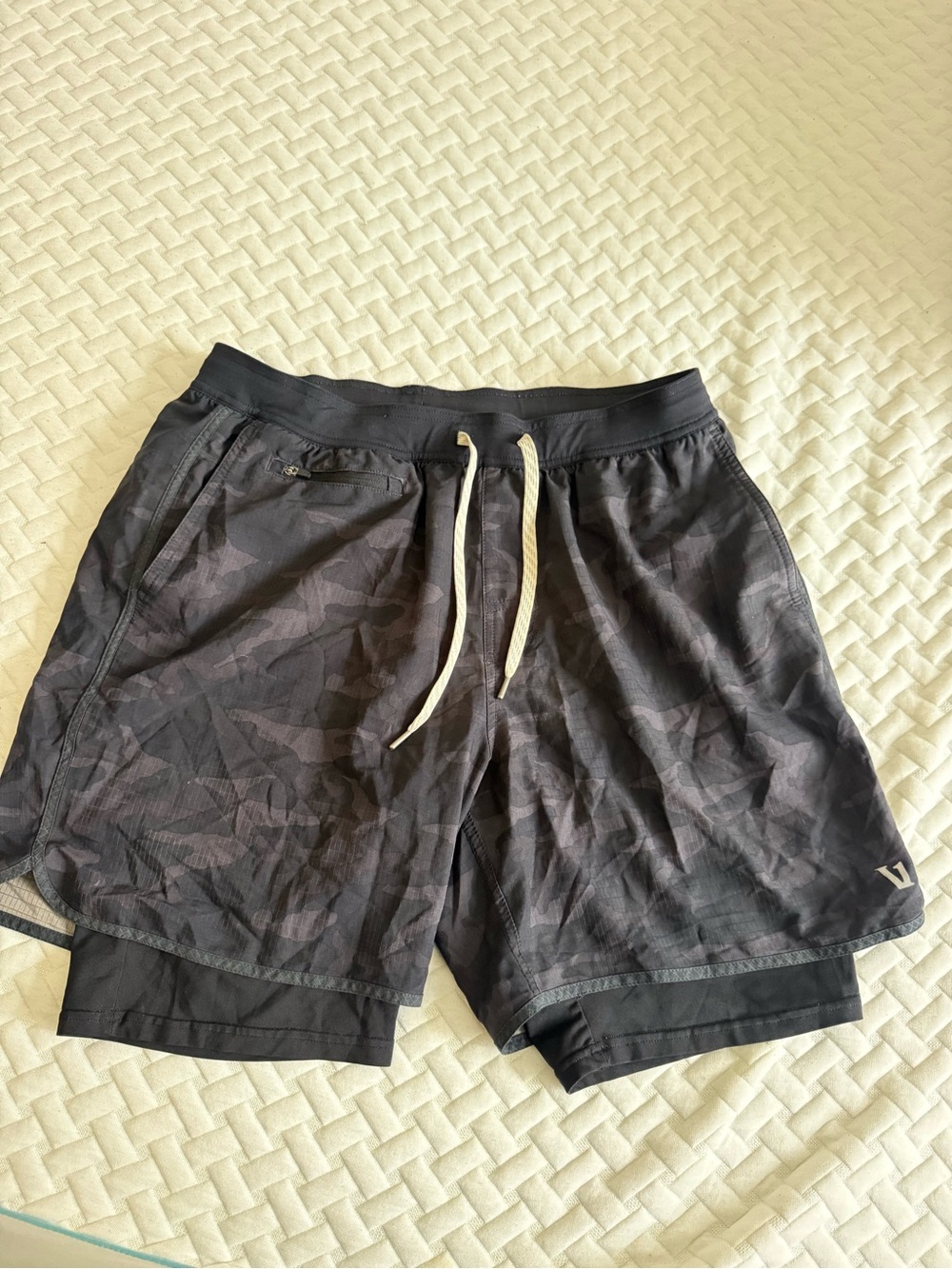 Vuori Men's Black Camo Athletic Shorts built in shorts